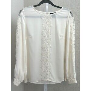 LIZ CLAIBORNE‎ WOMENS MEDIUM IVORY LACE EMBELLISHED LONG SLEEVE SEMI SHEER TOP